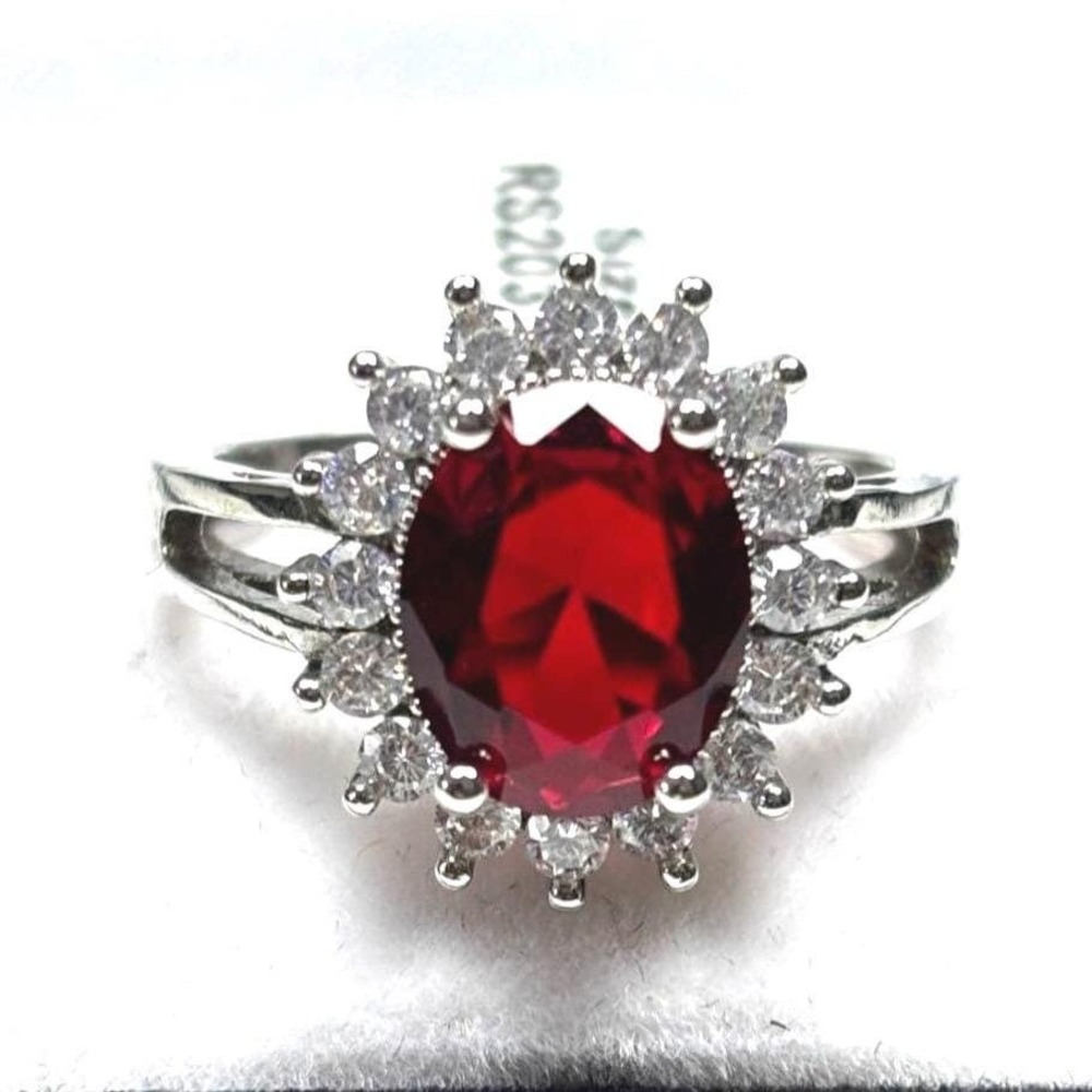Ring Faux Ruby Crystal Silver Tone Oval Halo Cocktail Style New 8